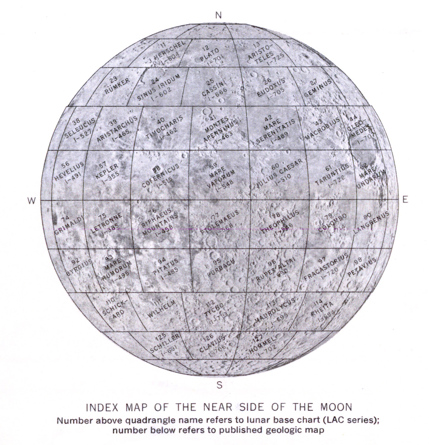 Index map of the near side of the Moon divided into 44 geological quadrangles. Click a quadrant to view its geological map.